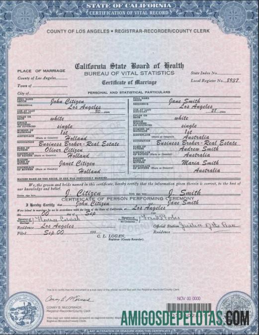 Realista modelo de certidão de casamento nos EUA Califórnia em formato PSD